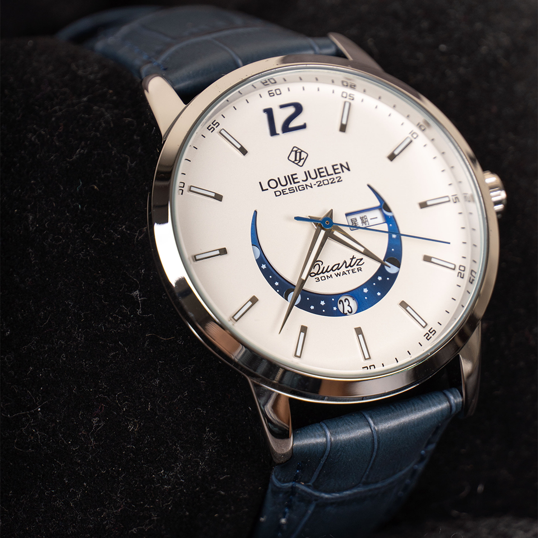 Elegant Moon Phase Watch with Illuminated Week Calendar