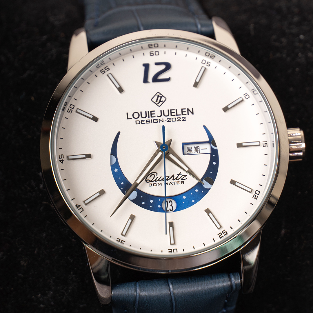 Elegant Moon Phase Watch with Illuminated Week Calendar