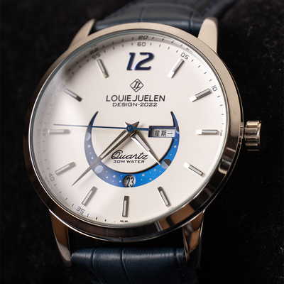 Elegant Moon Phase Watch with Illuminated Week Calendar