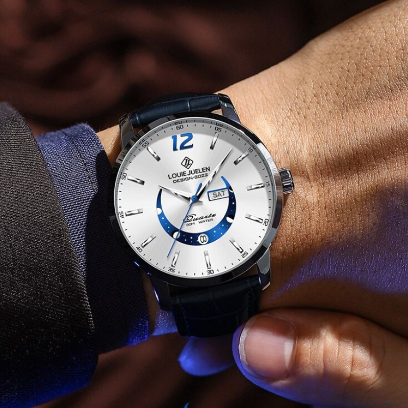 Elegant Moon Phase Watch with Illuminated Week Calendar